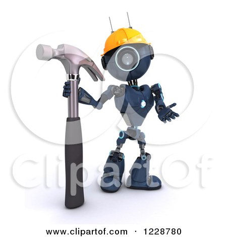 Clipart of a 3d Blue Android Construction Robot with a Hammer - Royalty Free Illustration by KJ Pargeter