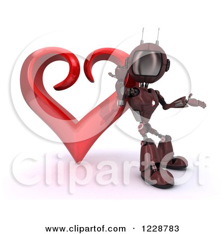 Clipart of a 3d Red Android Robot Leaning Against a Valentine Heart - Royalty Free Illustration by KJ Pargeter