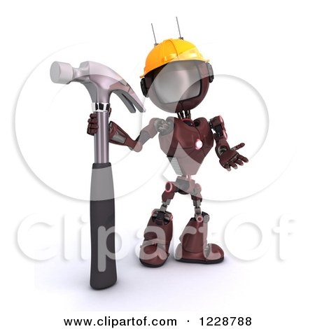 Clipart of a 3d Red Android Construction Robot with a Hammer - Royalty Free Illustration by KJ Pargeter