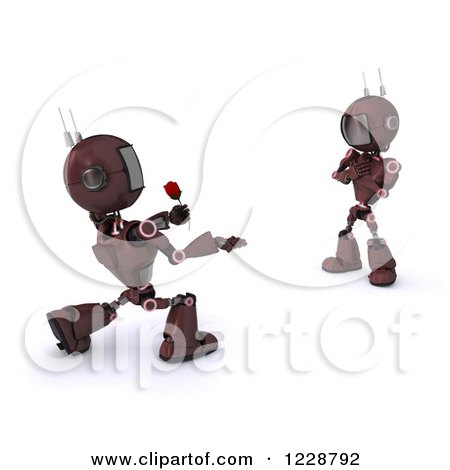 Clipart of a 3d Red Romantic Android Robot Giving Another a Rose - Royalty Free Illustration by KJ Pargeter