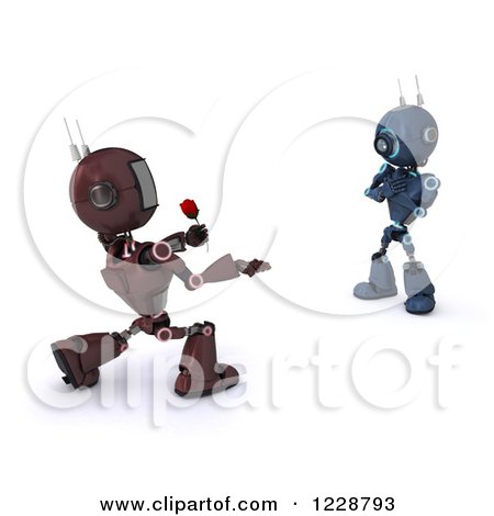 Clipart of a 3d Red Romantic Android Robot Giving a Female Robot a Rose - Royalty Free Illustration by KJ Pargeter