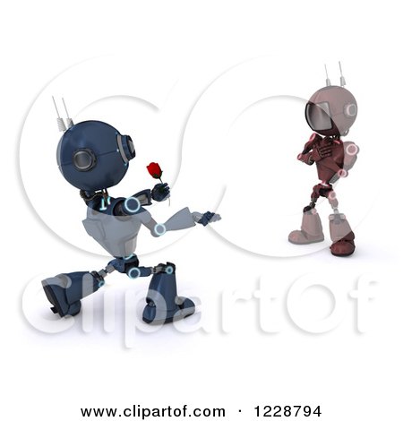 Clipart of a 3d Romantic Android Robot Giving a Female Robot a Rose - Royalty Free Illustration by KJ Pargeter