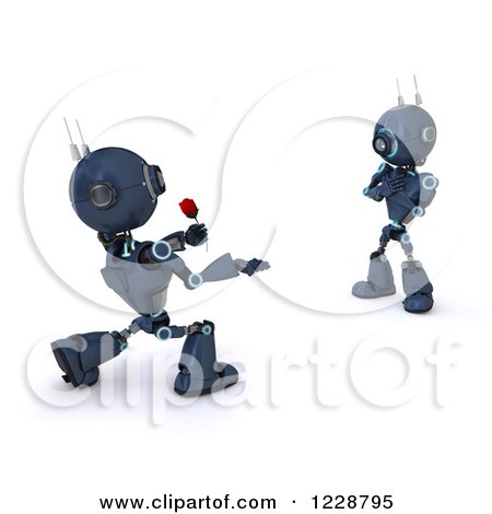 Clipart of a 3d Romantic Android Robot Giving Another a Rose - Royalty Free Illustration by KJ Pargeter