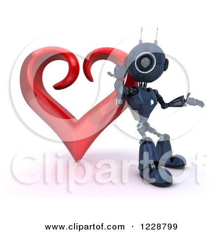 Clipart of a 3d Android Robot Leaning Against a Valentine Heart - Royalty Free Illustration by KJ Pargeter