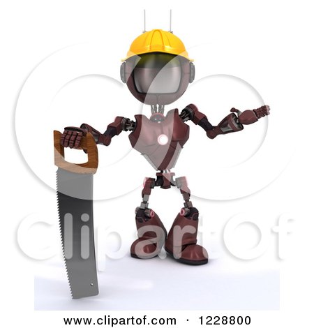 Clipart of a 3d Red Android Construction Robot with a Saw - Royalty Free Illustration by KJ Pargeter