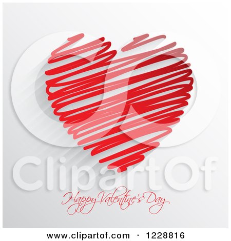 Clipart of a Happy Valentines Day Greeting with a Red Scribble Heart on Gray - Royalty Free Vector Illustration by KJ Pargeter