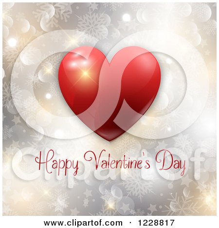Clipart of a Happy Valentines Day Greeting with a Red Heart over Bokeh Stars and Snowflakes - Royalty Free Vector Illustration by KJ Pargeter