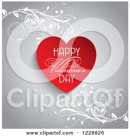 Clipart of a Happy Valentines Day Greeting with a Red Heart and Vines on Gray - Royalty Free Vector Illustration by KJ Pargeter