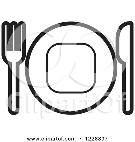 Clipart of a Black and White Plate and Silverware Place Setting Icon - Royalty Free Vector Illustration by Lal Perera