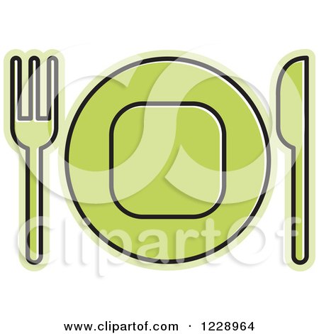 Clipart of a Green Plate and Silverware Place Setting Icon - Royalty Free Vector Illustration by Lal Perera