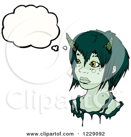 Clipart of a Thinking Green Devil Woman - Royalty Free Vector Illustration by lineartestpilot