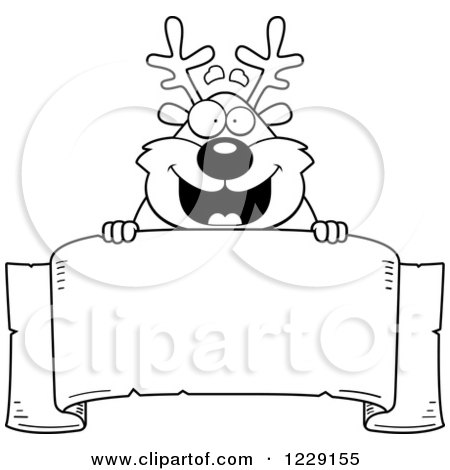 Clipart of a Black and White Happy Chubby Caribou Reindeer over a Banner - Royalty Free Vector Illustration by Cory Thoman