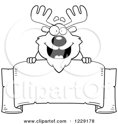 Clipart of a Black and White Happy Chubby Moose over a Banner Sign - Royalty Free Vector Illustration by Cory Thoman