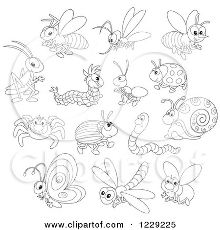 Clipart of Outlined Happy Insects - Royalty Free Vector Illustration by Alex Bannykh