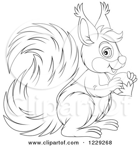 Clipart of an Outlined Cute Squirrel Eating an Acorn - Royalty Free Vector Illustration by Alex Bannykh