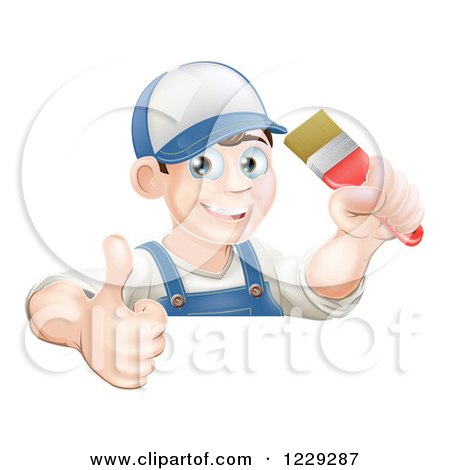 Clipart of a Happy Male Painter Holding a Thumb up and a Brush over a Sign - Royalty Free Vector Illustration by AtStockIllustration