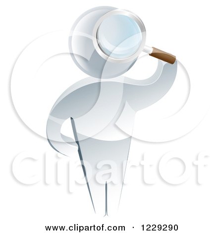 Clipart of a 3d Silver Man Searching Through a Magnifying Glass - Royalty Free Vector Illustration by AtStockIllustration