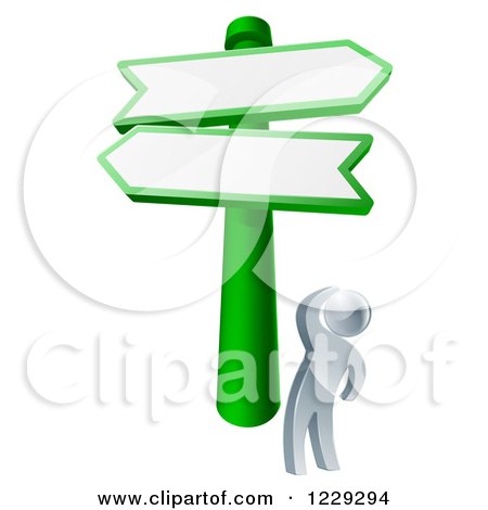 Clipart of a 3d Silver Man Looking up at Road Signs - Royalty Free Vector Illustration by AtStockIllustration