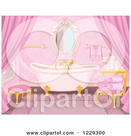 Clipart of a Pink Fairy Tale Bathroom Interior with a Clawfoot Tub - Royalty Free Vector Illustration by Pushkin