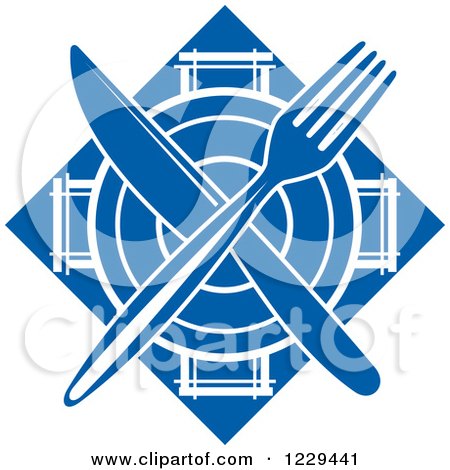 Clipart of a Blue Plate and Silverware Diamond - Royalty Free Vector Illustration by Vector Tradition SM