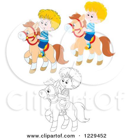 Clipart of Black and White and Colored Boys Riding Ponies - Royalty Free Vector Illustration by Alex Bannykh