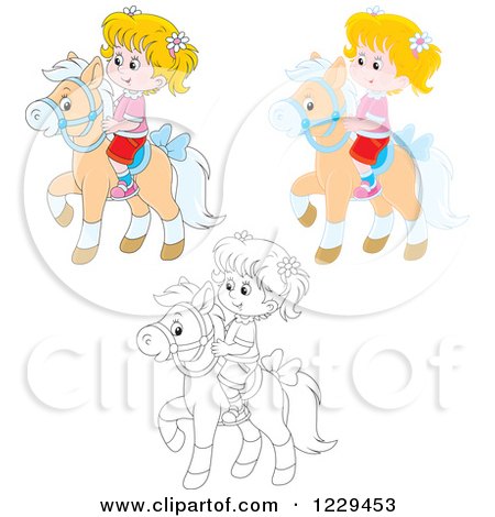 Clipart of Black and White and Colored Girls Riding Ponies - Royalty Free Vector Illustration by Alex Bannykh