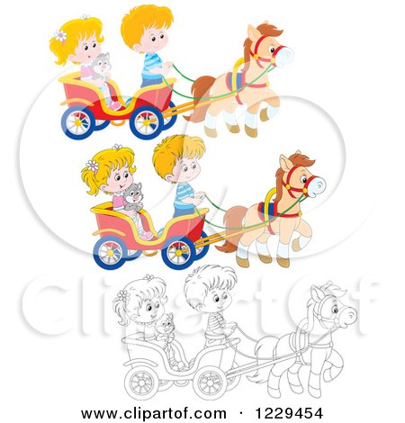 Clipart of Black and White and Colored Children and a Cat Riding in a Horse Cart - Royalty Free Vector Illustration by Alex Bannykh