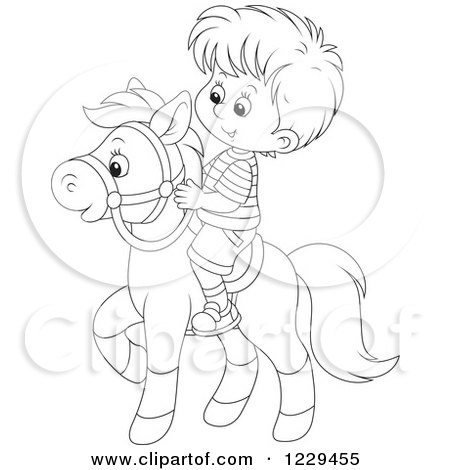 Clipart of a Black and White Boy Riding a Pony - Royalty Free Vector Illustration by Alex Bannykh