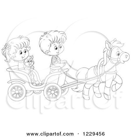 Clipart of Black and White Children and a Cat Riding in a Horse Cart - Royalty Free Vector Illustration by Alex Bannykh