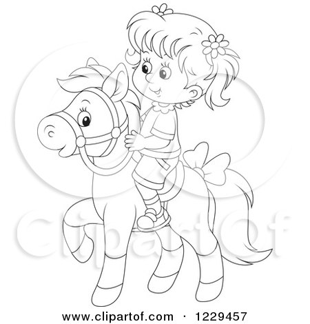 Clipart of a Black and White Girl Riding a Pony - Royalty Free Vector Illustration by Alex Bannykh
