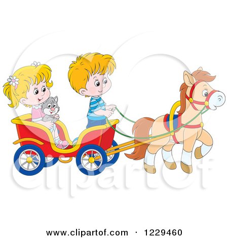 Clipart of Caucasian Children and a Cat Riding in a Horse Cart - Royalty Free Vector Illustration by Alex Bannykh