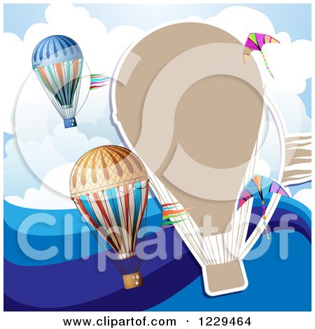 Clipart of a Hot Air Balloon Kite Cloud and Wave Background - Royalty Free Vector Illustration by merlinul
