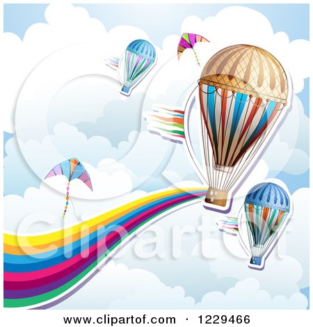 Clipart of a Hot Air Balloon Kite Rainbow Wave and Cloud Background - Royalty Free Vector Illustration by merlinul