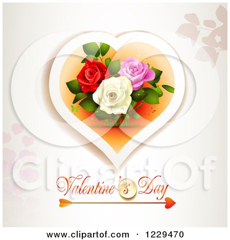 Clipart of Valentines Day Text Under a Heart with Roses and Butterflies on off White - Royalty Free Vector Illustration by merlinul