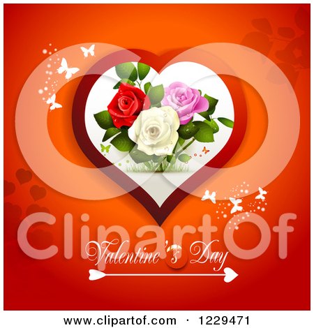 Clipart of Valentines Day Text Under a Heart with Roses and Butterflies on Red - Royalty Free Vector Illustration by merlinul