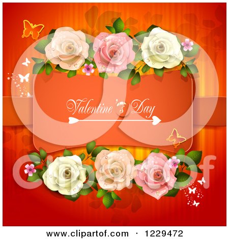 Clipart of Valentines Day Text Framed with Roses Hearts and Butterflies on Red - Royalty Free Vector Illustration by merlinul