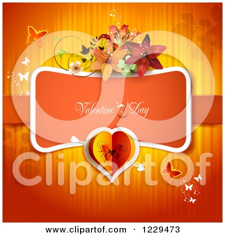 Clipart of Valentines Day Text with Lilies Butterflies and Hearts over Red - Royalty Free Vector Illustration by merlinul