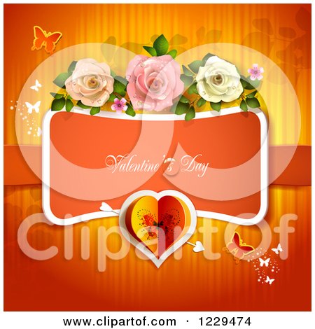 Clipart of Valentines Day Text with Roses Butterflies and Hearts over Red - Royalty Free Vector Illustration by merlinul