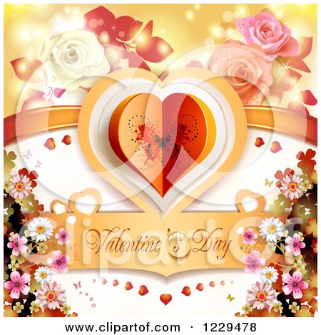 Clipart of Valentines Day Text Under a Heart with Roses Flowers and Flares - Royalty Free Vector Illustration by merlinul