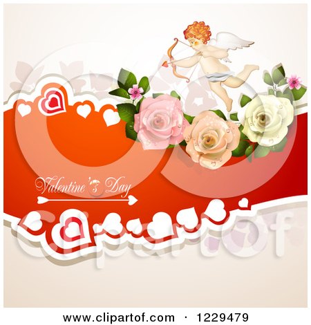 Clipart of Valentines Day Text with an Aiming Cupid Hearts and Roses - Royalty Free Vector Illustration by merlinul