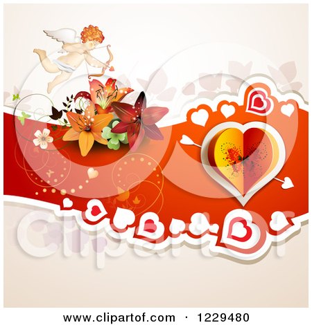 Clipart of a Butterfly Heart on Red with Lilies and Cupid - Royalty Free Vector Illustration by merlinul
