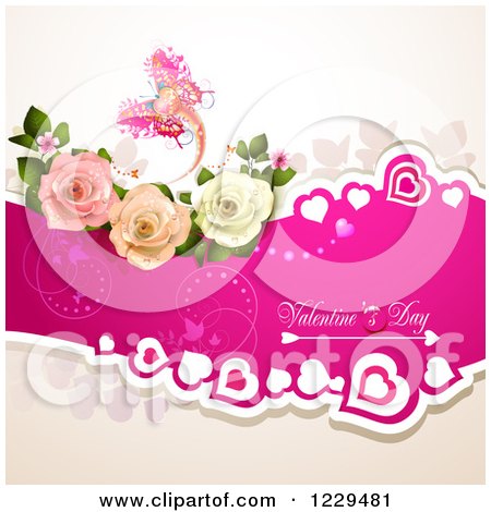 Clipart of Valentines Day Text on a Pink Banner with Hearts Roses and Butterflies - Royalty Free Vector Illustration by merlinul