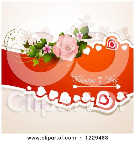 Clipart of Valentines Day Text on a Red Banner with Hearts Roses and Butterflies - Royalty Free Vector Illustration by merlinul