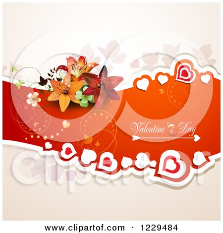 Clipart of Valentines Day Text on a Red Banner with Hearts Lilies and Butterflies - Royalty Free Vector Illustration by merlinul