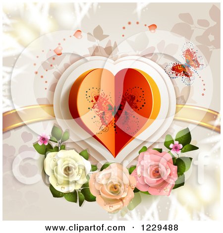 Clipart of a Butterfly Heart with Roses and Branches - Royalty Free Vector Illustration by merlinul