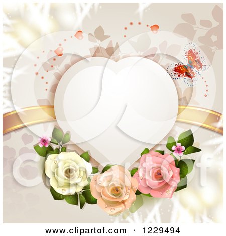 Clipart of a Heart Frame with Butterflies Roses Branches and Gold Ribbons - Royalty Free Vector Illustration by merlinul