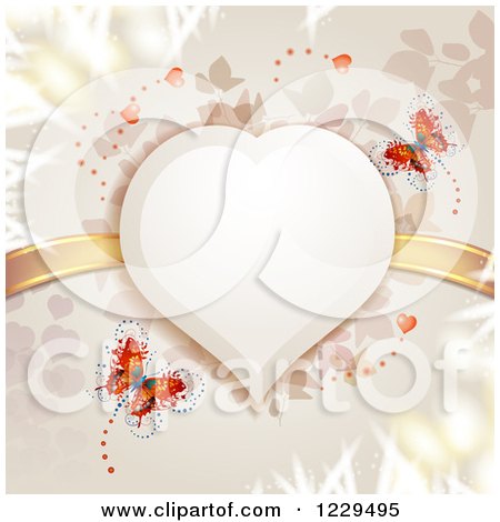 Clipart of a Heart Frame with Butterflies Branches and Gold Ribbons - Royalty Free Vector Illustration by merlinul