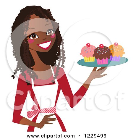 Clipart of a Happy Black Baker Woman Holding a Tray of Cupcakes - Royalty Free Vector Illustration by peachidesigns