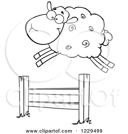 Clipart of a Black and White Sheep Leaping over a Fence - Royalty Free Vector Illustration by Hit Toon