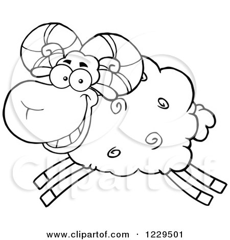 Clipart of a Happy Black and White White Sheep Ram Leaping - Royalty Free Vector Illustration by Hit Toon